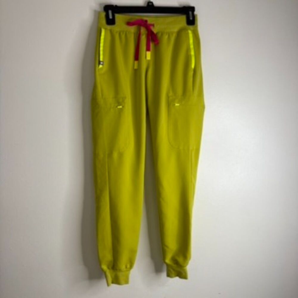 FIGS Women’s Technical Collection XXS Jogger Scrub Pants Chartreuse Green Pink